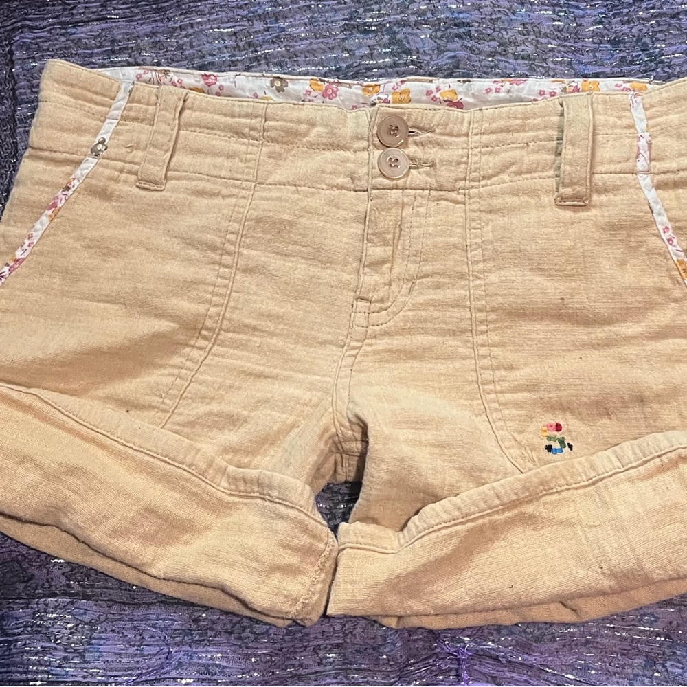 Coquette tan Linen Blend Shorts with Floral Trim